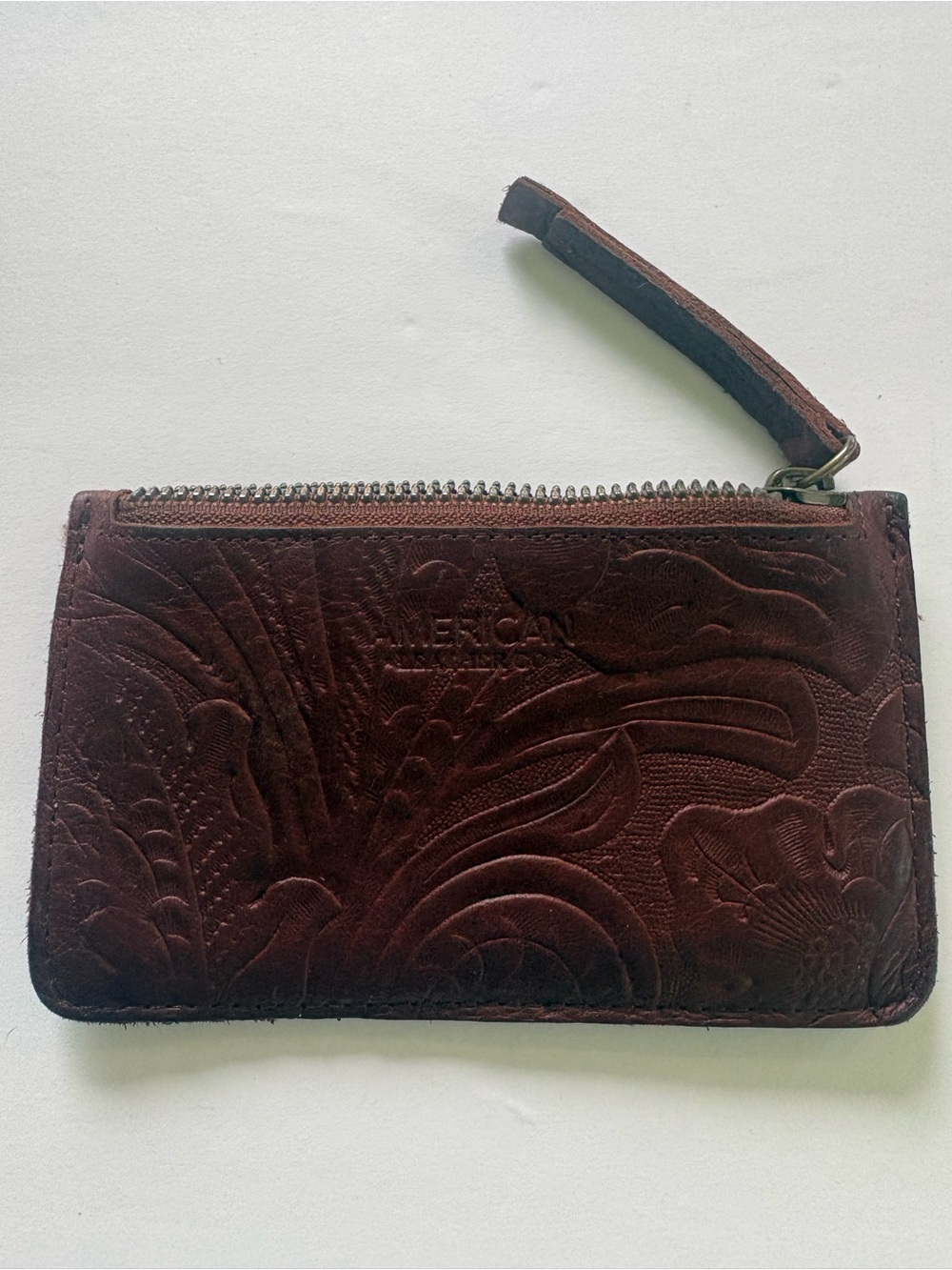 American West Dark Brown Embossed Leather Zip Card Wallet